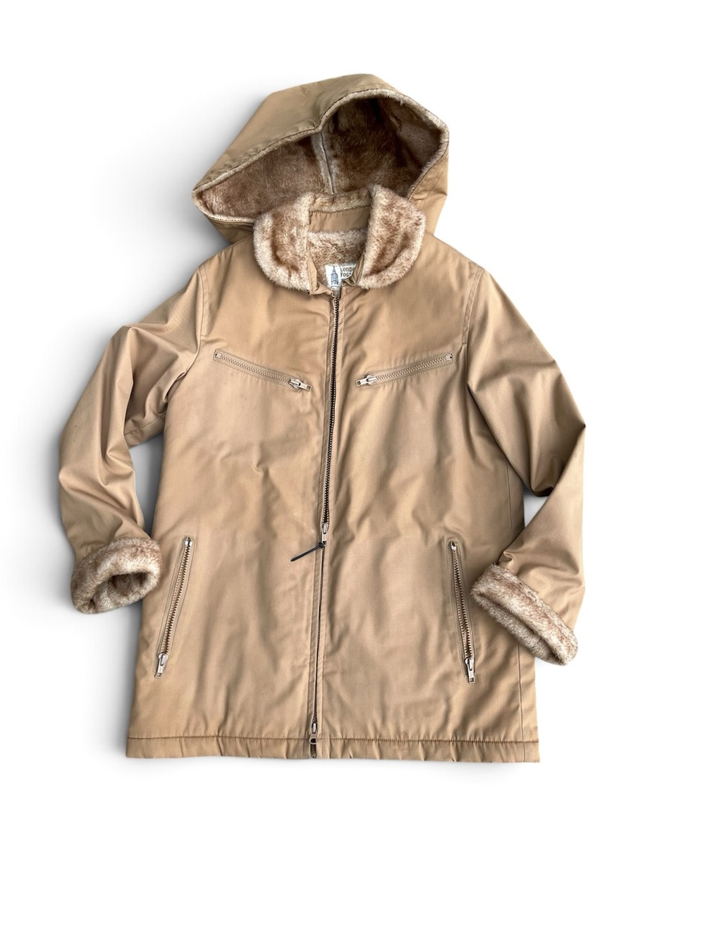 😍London Fog Beige Hooded Puffer with Faux-Fur Trim